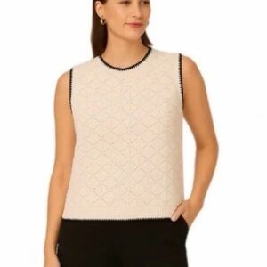 Adrianna Papell Sleeveless Crew Neck Diamond Sweater Vest Cream Size L